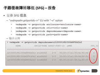 子路径故障转移组 (SFG) – 报告
• 显示 SFG 信息
 – “vxdmpadm getportids <>” CLI with “–v” option
    •   vxdmpadm –v getportids enclosure=<enclosure-name>
    •   vxdmpadm –v getportids ctlr=<ctlr-name>
    •   vxdmpadm –v getportids dmpnodename=<dmpnode-name>
    •   vxdmpadm –v getportids path=<path-name>
 – 输出示例
 # vxdmpadm -v getportids dmpnodename=c2t50001FE1500A8F0Dd3s2
        NAME            ENCLR-NAME ARRAY-PORT-ID       pWWN             SFG_ID
 ========================================================================
 c2t50001FE1500A8F0Dd3s2 eva4k6k0      2-4    50:00:1f:e1:50:0a:8f:0d     4
 c2t50001FE1500A8F0Cd3s2 eva4k6k0      2-3    50:00:1f:e1:50:0a:8f:0c     3
 c2t50001FE1500A8F09d3s2 eva4k6k0      1-2    50:00:1f:e1:50:0a:8f:09     5




                                          SYMANTEC VISION 2010
 