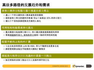 高级多路径的发展趋势和需求
多供应商存储和服务器环境逐渐成为常态
• 通过一个存储硬件供应商来避免受到限制
• 提供富有竞争力的硬件价格 可以节省高达 30% 的存储投资
• 增强单个异构多路径解决方案的标准化


可用性和性能需求持续高涨
• 最大限度缩短故障转移时间，同时最大限度提高路径利用率
• 需要跨越操作系统、架构和存储提供一致的可用性和性能


配置不断向上和向外扩展
• 每台主机含有更多 LUN 和 HBA，而每个集群包含更多主机
• 路径管理算法独立于配置的规模和扩展情况


架起系统和存储团队沟通的桥梁是一项挑战
• 缺乏明智的决策导致出现错误及操作得不到优化

                            SYMANTEC VISION 2010
 