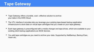 Tape Gateway
• Tape Gateway offers a durable, cost—effective solution to archive
your data in the AWS Cloud.
• The VTL interface it provides lets you leverage your existing tape-based backup application
infrastructure to store data on virtual tape cartridges that you create on your tape gateway.
• Each tape gateway is preconﬁgured with a media changer and tape drives, which are available to your
existing client backup applications as iSCSI devices.
• You add tape cartridges as you need to archive your data. Supported by NetBackup, Backup Exec,
Veam etc.
 