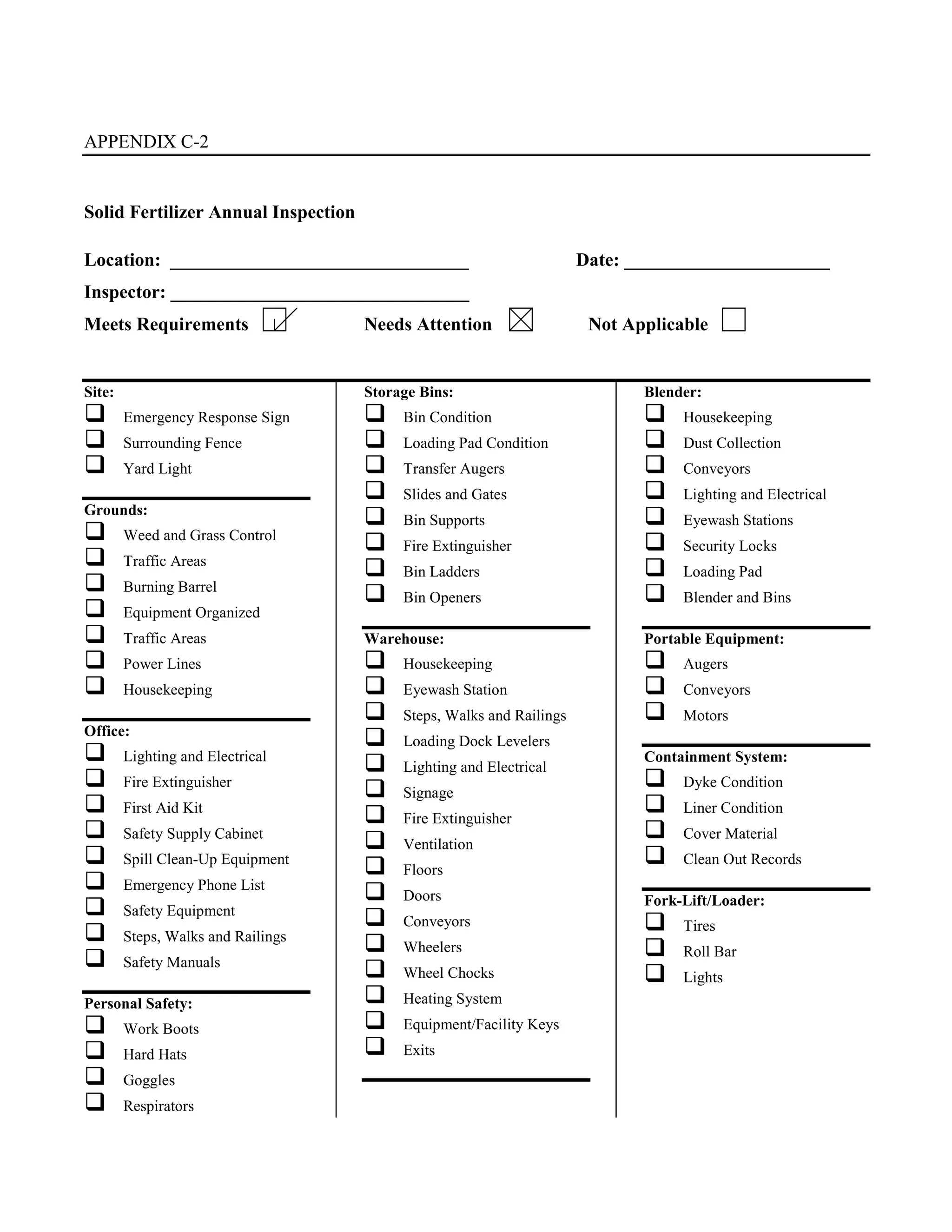 APPENDIX C-2
Solid Fertilizer Annual Inspection
Location: ________________________________ Date: ______________________
Inspector: ________________________________
Meets Requirements Needs Attention Not Applicable
Site:
#"Emergency Response Sign
#"Surrounding Fence
#"Yard Light
Grounds:
#"Weed and Grass Control
#"Traffic Areas
#"Burning Barrel
#"Equipment Organized
#"Traffic Areas
#"Power Lines
#"Housekeeping
Office:
#"Lighting and Electrical
#"Fire Extinguisher
#"First Aid Kit
#"Safety Supply Cabinet
#"Spill Clean-Up Equipment
#"Emergency Phone List
#"Safety Equipment
#"Steps, Walks and Railings
#"Safety Manuals
Personal Safety:
#"Work Boots
#"Hard Hats
#"Goggles
#"Respirators
Storage Bins:
#"Bin Condition
#"Loading Pad Condition
#"Transfer Augers
#"Slides and Gates
#"Bin Supports
#"Fire Extinguisher
#"Bin Ladders
#"Bin Openers
Warehouse:
#"Housekeeping
#"Eyewash Station
#"Steps, Walks and Railings
#"Loading Dock Levelers
#"Lighting and Electrical
#"Signage
#"Fire Extinguisher
#"Ventilation
#"Floors
#"Doors
#"Conveyors
#"Wheelers
#"Wheel Chocks
#"Heating System
#"Equipment/Facility Keys
#"Exits
Blender:
#"Housekeeping
#"Dust Collection
#"Conveyors
#"Lighting and Electrical
#"Eyewash Stations
#"Security Locks
#"Loading Pad
#"Blender and Bins
Portable Equipment:
#"Augers
#"Conveyors
#"Motors
Containment System:
#"Dyke Condition
#"Liner Condition
#"Cover Material
#"Clean Out Records
Fork-Lift/Loader:
#"Tires
#"Roll Bar
#"Lights
 