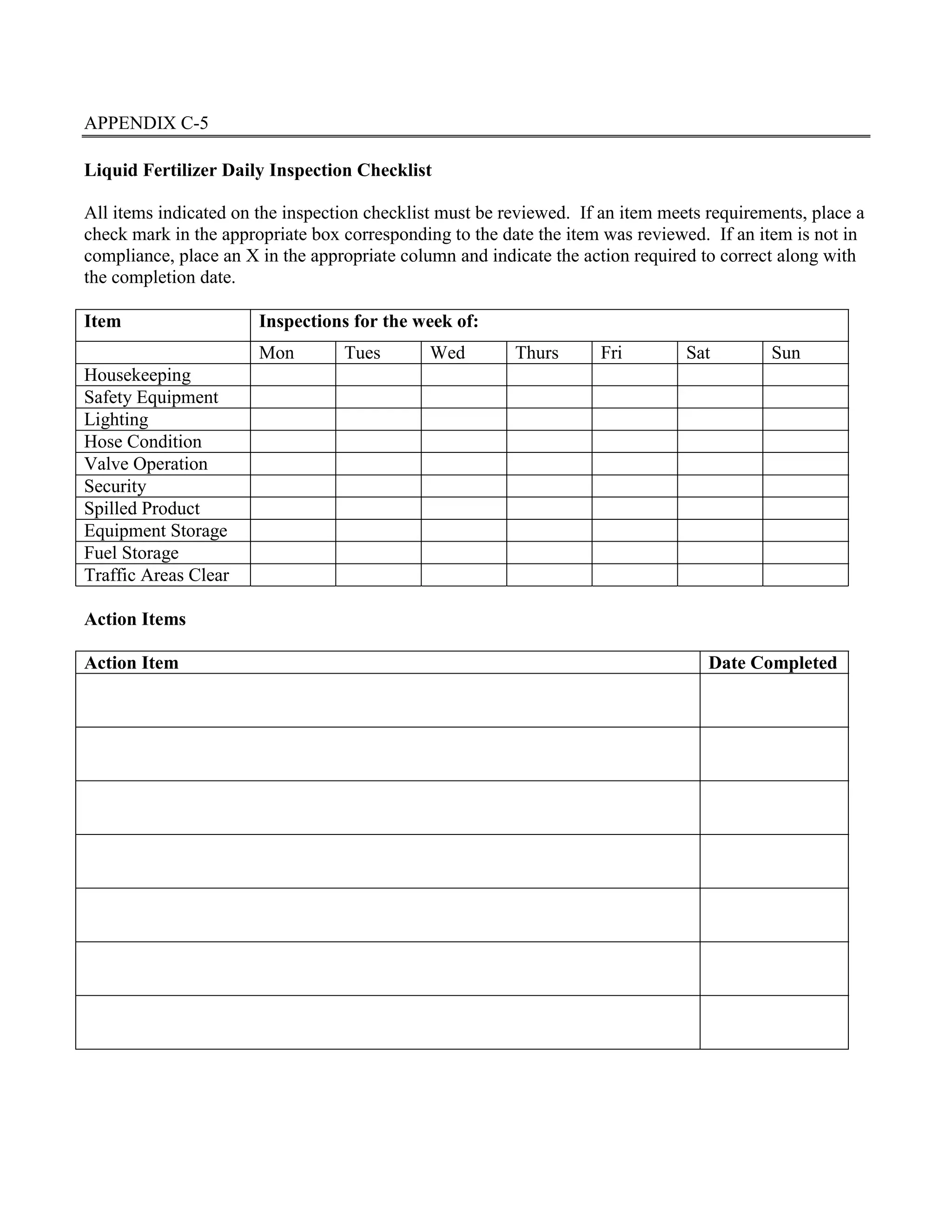 APPENDIX C-5
Liquid Fertilizer Daily Inspection Checklist
All items indicated on the inspection checklist must be reviewed. If an item meets requirements, place a
check mark in the appropriate box corresponding to the date the item was reviewed. If an item is not in
compliance, place an X in the appropriate column and indicate the action required to correct along with
the completion date.
Item Inspections for the week of:
Mon Tues Wed Thurs Fri Sat Sun
Housekeeping
Safety Equipment
Lighting
Hose Condition
Valve Operation
Security
Spilled Product
Equipment Storage
Fuel Storage
Traffic Areas Clear
Action Items
Action Item Date Completed
 