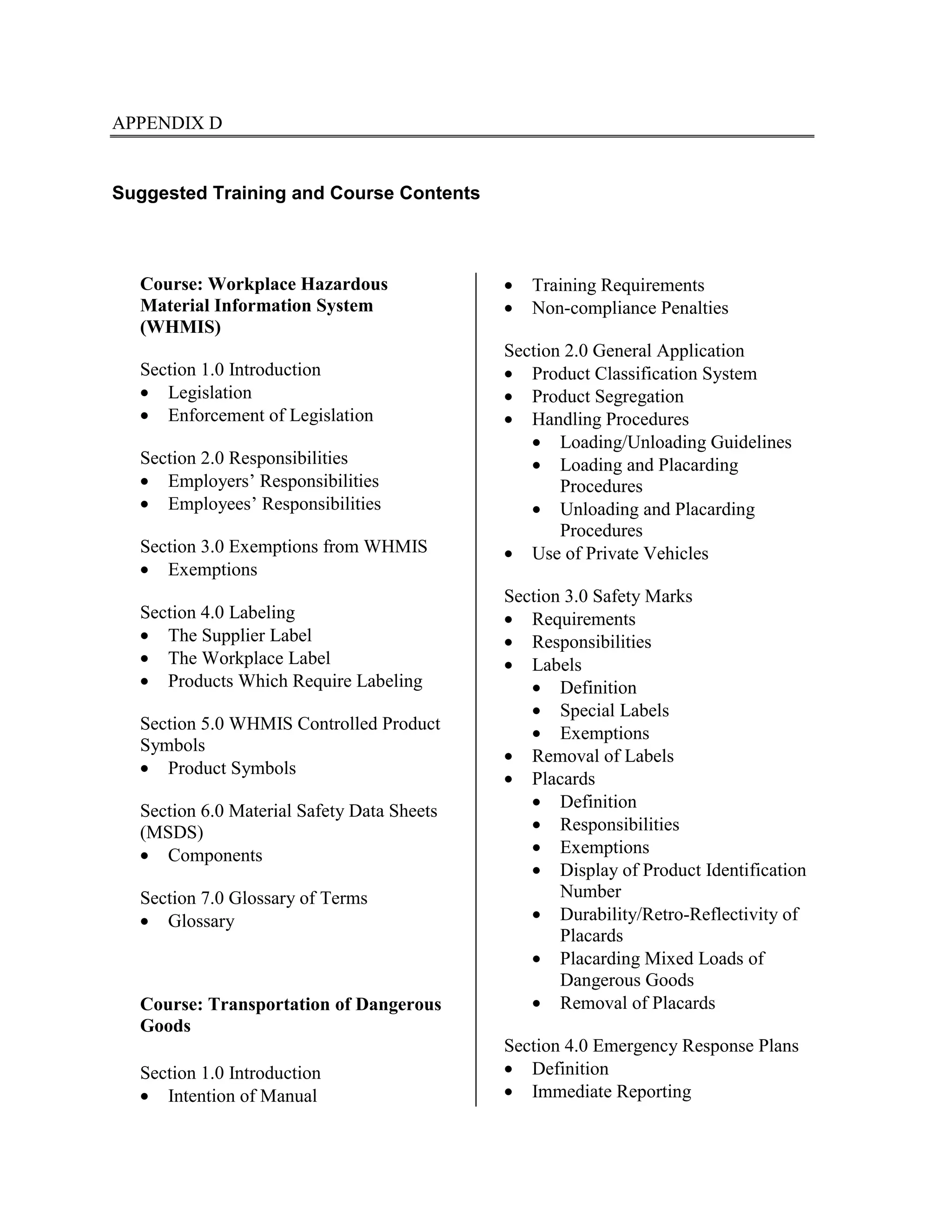 APPENDIX D
Suggested Training and Course Contents
Course: Workplace Hazardous
Material Information System
(WHMIS)
Section 1.0 Introduction
• Legislation
• Enforcement of Legislation
Section 2.0 Responsibilities
• Employers’ Responsibilities
• Employees’ Responsibilities
Section 3.0 Exemptions from WHMIS
• Exemptions
Section 4.0 Labeling
• The Supplier Label
• The Workplace Label
• Products Which Require Labeling
Section 5.0 WHMIS Controlled Product
Symbols
• Product Symbols
Section 6.0 Material Safety Data Sheets
(MSDS)
• Components
Section 7.0 Glossary of Terms
• Glossary
Course: Transportation of Dangerous
Goods
Section 1.0 Introduction
• Intention of Manual
• Training Requirements
• Non-compliance Penalties
Section 2.0 General Application
• Product Classification System
• Product Segregation
• Handling Procedures
• Loading/Unloading Guidelines
• Loading and Placarding
Procedures
• Unloading and Placarding
Procedures
• Use of Private Vehicles
Section 3.0 Safety Marks
• Requirements
• Responsibilities
• Labels
• Definition
• Special Labels
• Exemptions
• Removal of Labels
• Placards
• Definition
• Responsibilities
• Exemptions
• Display of Product Identification
Number
• Durability/Retro-Reflectivity of
Placards
• Placarding Mixed Loads of
Dangerous Goods
• Removal of Placards
Section 4.0 Emergency Response Plans
• Definition
• Immediate Reporting
 