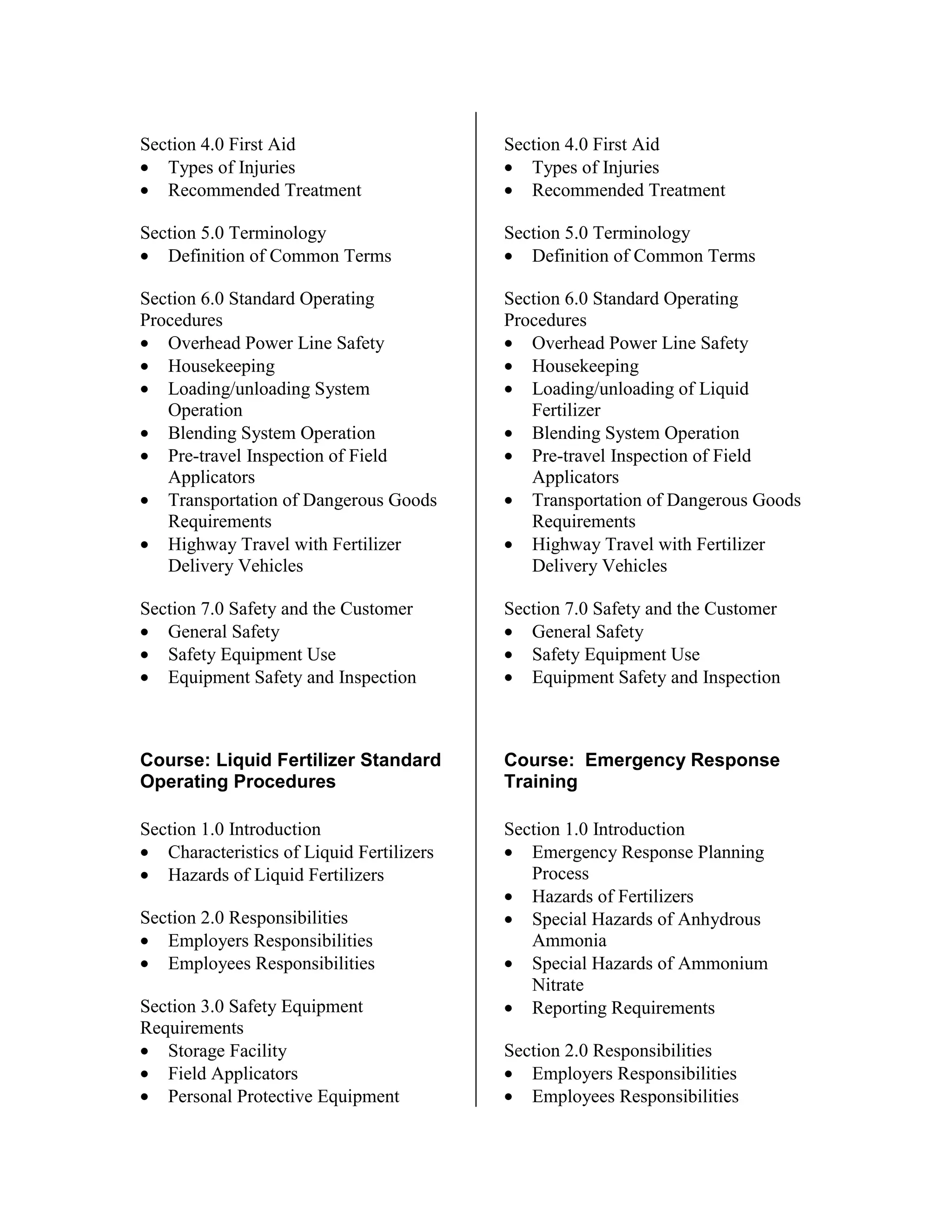Section 4.0 First Aid
• Types of Injuries
• Recommended Treatment
Section 5.0 Terminology
• Definition of Common Terms
Section 6.0 Standard Operating
Procedures
• Overhead Power Line Safety
• Housekeeping
• Loading/unloading System
Operation
• Blending System Operation
• Pre-travel Inspection of Field
Applicators
• Transportation of Dangerous Goods
Requirements
• Highway Travel with Fertilizer
Delivery Vehicles
Section 7.0 Safety and the Customer
• General Safety
• Safety Equipment Use
• Equipment Safety and Inspection
Course: Liquid Fertilizer Standard
Operating Procedures
Section 1.0 Introduction
• Characteristics of Liquid Fertilizers
• Hazards of Liquid Fertilizers
Section 2.0 Responsibilities
• Employers Responsibilities
• Employees Responsibilities
Section 3.0 Safety Equipment
Requirements
• Storage Facility
• Field Applicators
• Personal Protective Equipment
Section 4.0 First Aid
• Types of Injuries
• Recommended Treatment
Section 5.0 Terminology
• Definition of Common Terms
Section 6.0 Standard Operating
Procedures
• Overhead Power Line Safety
• Housekeeping
• Loading/unloading of Liquid
Fertilizer
• Blending System Operation
• Pre-travel Inspection of Field
Applicators
• Transportation of Dangerous Goods
Requirements
• Highway Travel with Fertilizer
Delivery Vehicles
Section 7.0 Safety and the Customer
• General Safety
• Safety Equipment Use
• Equipment Safety and Inspection
Course: Emergency Response
Training
Section 1.0 Introduction
• Emergency Response Planning
Process
• Hazards of Fertilizers
• Special Hazards of Anhydrous
Ammonia
• Special Hazards of Ammonium
Nitrate
• Reporting Requirements
Section 2.0 Responsibilities
• Employers Responsibilities
• Employees Responsibilities
 
