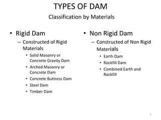 TYPES OF DAM
• Rigid Dam
– Constructed of Rigid
Materials
• Solid Masonry or
Concrete Gravity Dam
• Arched Masonry or
Concrete Dam
• Concrete Buttress Dam
• Steel Dam
• Timber Dam
• Non Rigid Dam
– Constructed of Non Rigid
Materials
• Earth Dam
• Rockfill Dam
• Combined Earth and
Rockfill
Classification by Materials
6
 