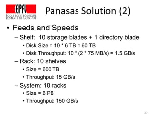 Panasas Solution (2)
• Feeds and Speeds
– Shelf: 10 storage blades + 1 directory blade
• Disk Size = 10 * 6 TB = 60 TB
• Disk Throughput: 10 * (2 * 75 MB/s) = 1.5 GB/s
– Rack: 10 shelves
• Size = 600 TB
• Throughput: 15 GB/s
– System: 10 racks
• Size = 6 PB
• Throughput: 150 GB/s
37
 