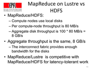 MapReduce on Lustre vs
HDFS
41
• MapReduce/HDFS:
– Compute nodes use local disks
– Per compute-node throughput is 80 MB/s
– Aggregate disk throughput is 100 * 80 MB/s =
8 GB/s
• Aggregate throughput is the same, 8 GB/s
– The interconnect fabric provides enough
bandwidth for the disks
• MapReduce/Lustre is competitive with
MapReduce/HDFS for latency-tolerant work
 