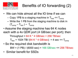 Benefits of IO forwarding (2)
46
• We can hide almost all the IO time if we can
– Copy 1PB to a staging machine in Tfwd << Tcomp
– Write the 1 PB from the staging machine to disk in
(Tcomp – Tfwd ) ~ Tcomp
• Assume the staging machine has 64 K nodes
each with a 4x QDR port (4 GB/sec per port); then
Throughput = 64 K * 4 GB/sec = 256 TB/sec
Tfwd = 1024 TB/ (64 K * 4 GB/sec) = 4 sec << Tcomp
• So the required disk bandwidth is
BW = (1 PB) / (6000 sec) = 166 GB/sec << 256 TB/sec
• Similar benefit for SSDs
 