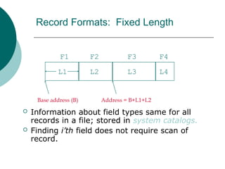 Record Formats: Fixed Length
 Information about field types same for all
records in a file; stored in system catalogs.
 Finding i’th field does not require scan of
record.
Base address (B)
L1 L2 L3 L4
F1 F2 F3 F4
Address = B+L1+L2
 