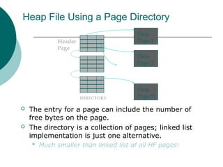 Heap File Using a Page Directory
 The entry for a page can include the number of
free bytes on the page.
 The directory is a collection of pages; linked list
implementation is just one alternative.
 Much smaller than linked list of all HF pages!
Data
Page 1
Data
Page 2
Data
Page N
Header
Page
DIRECTORY
 