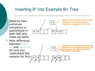 Inserting 8* into Example B+ Tree
 Observe how
minimum
occupancy is
guaranteed in
both leaf and
index pg splits.
 Note difference
between copy-
up and push-up;
be sure you
understand the
reasons for this.
2* 3* 5* 7* 8*
5
Entry to be inserted in parent node.
(Note that 5 is
continues to appear in the leaf.)
s copied up and
appears once in the index. Contrast
5 24 30
17
13
Entry to be inserted in parent node.
(Note that 17 is pushed up and only
this with a leaf split.)
 