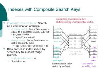 Indexes with Composite Search Keys
 Composite Search Keys: Search
on a combination of fields.
 Equality query: Every field value is
equal to a constant value. E.g. wrt
<sal,age> index:
 age=20 and sal =75
 Range query: Some field value is
not a constant. E.g.:
 age =20; or age=20 and sal > 10
 Data entries in index sorted by
search key to support range
queries.
 Lexicographic order, or
 Spatial order.
sue 13 75
bob
cal
joe 12
10
20
80
11
12
name age sal
<sal, age>
<age, sal> <age>
<sal>
12,20
12,10
11,80
13,75
20,12
10,12
75,13
80,11
11
12
12
13
10
20
75
80
Data records
sorted by name
Data entries in index
sorted by <sal,age>
Data entries
sorted by <sal>
Examples of composite key
indexes using lexicographic order.
 