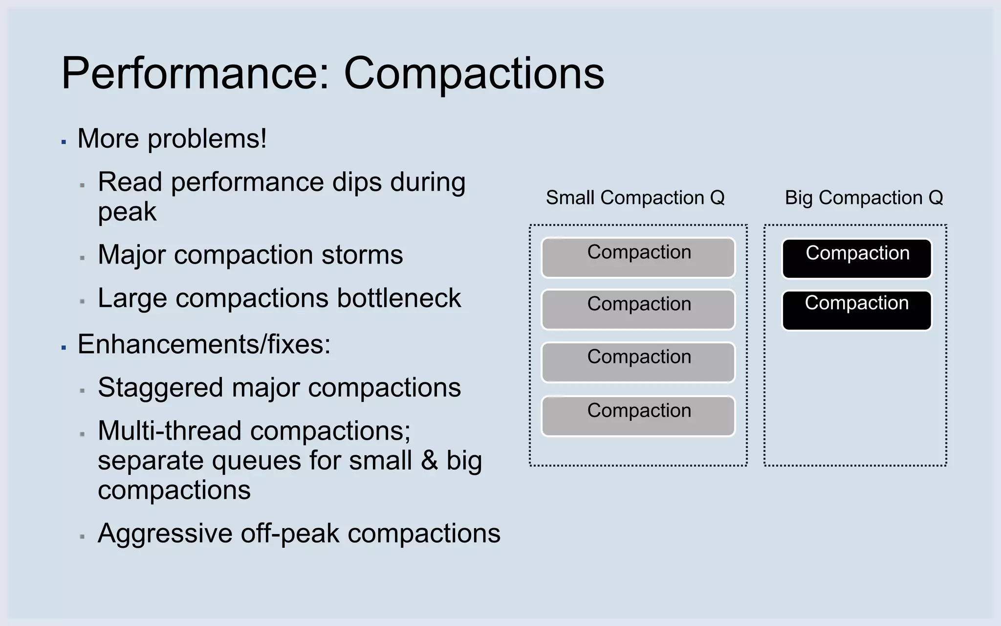 Performance: Compactions
▪   More problems!
    ▪   Read performance dips during      Small Compaction Q   Big Compaction Q
        peak
    ▪   Major compaction storms               Compaction         Compaction

    ▪   Large compactions bottleneck          Compaction        Compaction

▪   Enhancements/fixes:                       Compaction
    ▪   Staggered major compactions
                                              Compaction
    ▪   Multi-thread compactions;
        separate queues for small & big
        compactions
    ▪   Aggressive off-peak compactions
 