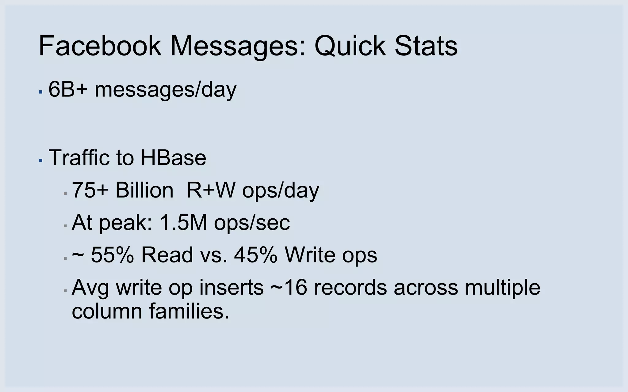 Facebook Messages: Quick Stats
▪   6B+ messages/day


▪   Traffic to HBase
     ▪ 75+ Billion R+W ops/day

     ▪ At peak: 1.5M ops/sec

     ▪ ~ 55% Read vs. 45% Write ops

     ▪ Avg write op inserts ~16 records across multiple

       column families.
 