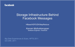 Storage Infrastructure Behind
                 Facebook Messages
                        HBase/HDFS/ZK/MapReduce

                        Kannan Muthukkaruppan
                          Software Engineer, Facebook




Big Data Experiences & Scars, HPTS 2011
Oct 24th, 2011
 