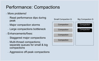Performance: Compactions
▪   More problems!
    ▪   Read performance dips during      Small Compaction Q   Big Compaction Q
        peak
    ▪   Major compaction storms               Compaction         Compaction

    ▪   Large compactions bottleneck          Compaction        Compaction

▪   Enhancements/fixes:                       Compaction
    ▪   Staggered major compactions
                                              Compaction
    ▪   Multi-thread compactions;
        separate queues for small & big
        compactions
    ▪   Aggressive off-peak compactions
 