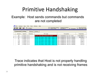 28
Primitive Handshaking
Example: Host sends commands but commands
are not completed
Trace indicates that Host is not properly handling
primitive handshaking and is not receiving frames
 