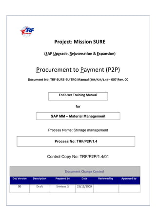 ! "# # ! $ % ! "& ' &()* + ,,- ),,
! %
for
SAP MM – Material Management
Process Name: Storage management
Process No: TRF/P2P/1.4
Control Copy No: TRF/P2P/1.4/01
./ . %
0 12 3 12 12
 