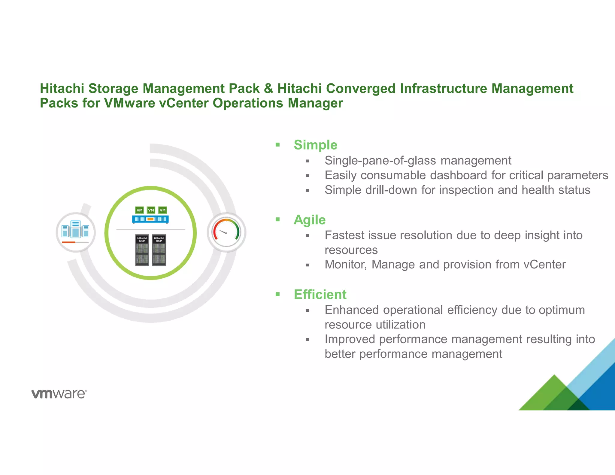 Hitachi Storage Management Pack & Hitachi Converged Infrastructure Management
Packs for VMware vCenter Operations Manager
 Simple
 Single-pane-of-glass management
 Easily consumable dashboard for critical parameters
 Simple drill-down for inspection and health status
 Agile
 Fastest issue resolution due to deep insight into
resources
 Monitor, Manage and provision from vCenter
 Efficient
 Enhanced operational efficiency due to optimum
resource utilization
 Improved performance management resulting into
better performance management
 
