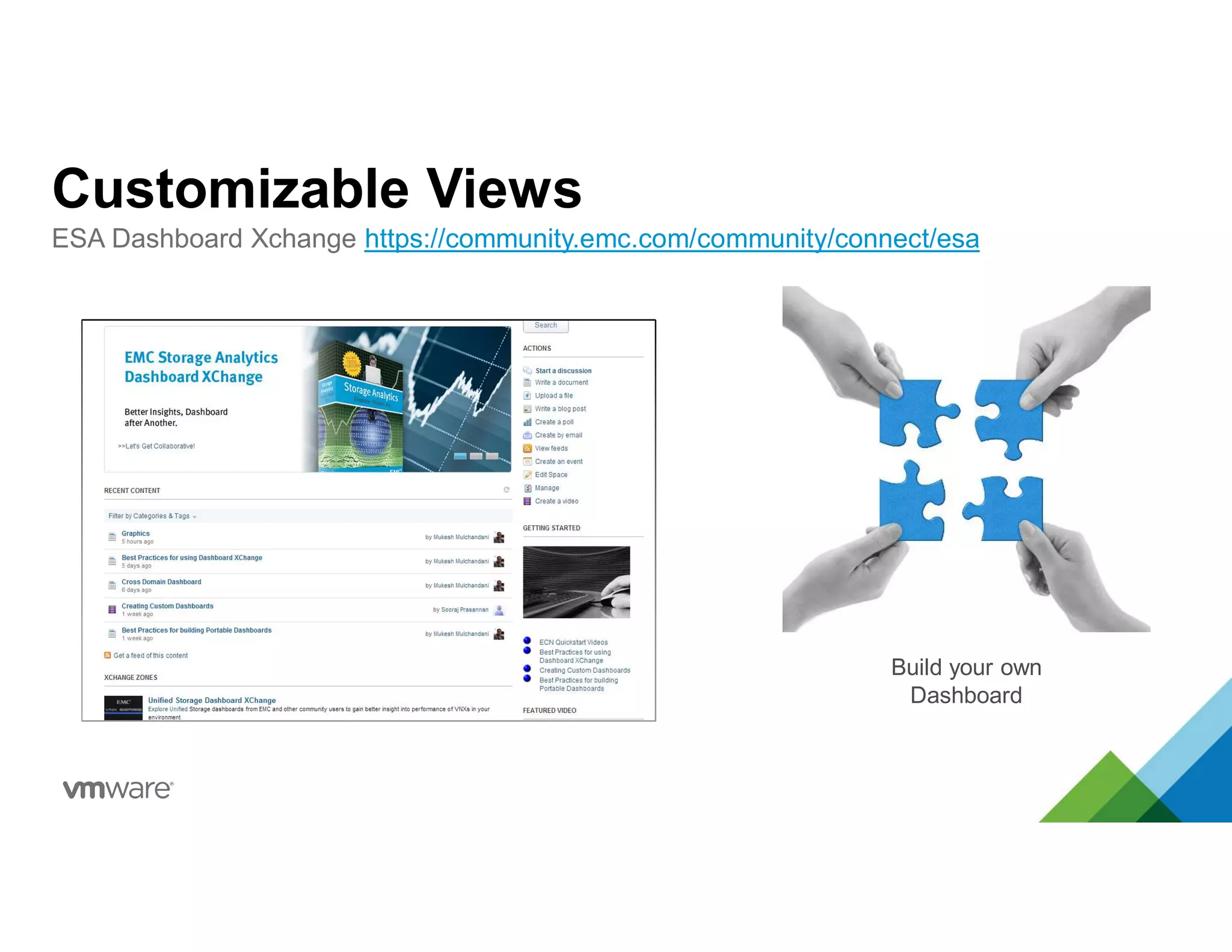 Customizable Views
ESA Dashboard Xchange https://community.emc.com/community/connect/esa
Build your own
Dashboard
 