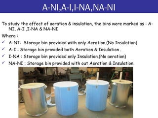 A-NI,A-I,I-NA,NA-NI
To study the effect of aeration & insulation, the bins were marked as : A-
NI, A-I ,I-NA & NA-NI
Where :
 A-NI: Storage bin provided with only Aeration.(No Insulation)
 A-I : Storage bin provided both Aeration & Insulation .
 I-NA : Storage bin provided only Insulation.(No aeration)
 NA-NI : Storage bin provided with out Aeration & Insulation.
 