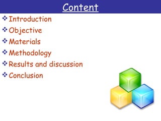 Content
Introduction
Objective
Materials
Methodology
Results and discussion
Conclusion
 