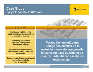 Case Study
Large Financial Institution




         RESULTS

   End-to-end visibility of the
global storage infrastructure from
      a centralized console

     Identifying and reclaim
     orphaned storage from              “Veritas CommandCentral
       servers and storage
                                        Storage has enabled us to
  Improved utilization from 12%      maintain a zero storage growth
 in 2006 to 41% today ($90M cost
            avoidance).              initiative for 2008 by helping us
                                     identify underutilized assets for
Business reporting across physical
      and logical assets by                     reclamation.”
         line of business

                                                                         11
 