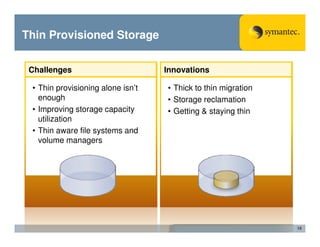Thin Provisioned Storage


 Challenges                        Innovations

 • Thin provisioning alone isn’t   • Thick to thin migration
   enough                          • Storage reclamation
 • Improving storage capacity      • Getting & staying thin
   utilization
 • Thin aware file systems and
   volume managers




                                                               15
 