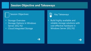 Session Objective and Takeaways
Session Objectives:

• Storage Overview
• Storage Options in Windows
Server 2012 R2
• Clou...