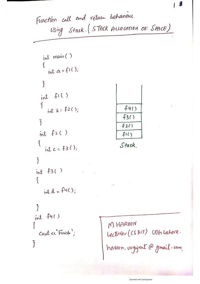 Storage organization and stack allocation of space