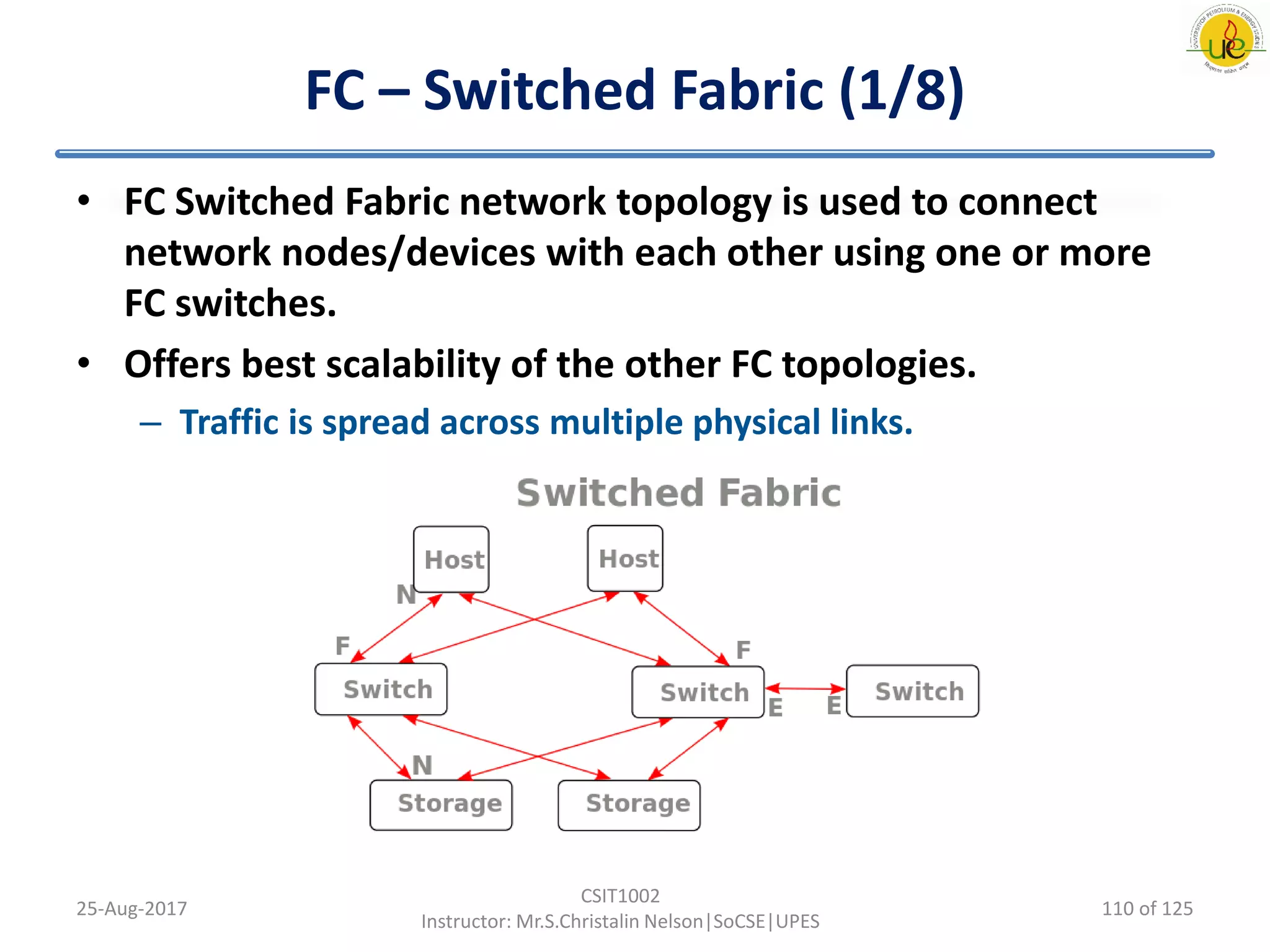 FC – Switched Fabric (1/8)
• FC Switched Fabric network topology is used to connect
network nodes/devices with each other using one or more
FC switches.
• Offers best scalability of the other FC topologies.
– Traffic is spread across multiple physical links.
25-Aug-2017
CSIT1002
Instructor: Mr.S.Christalin Nelson|SoCSE|UPES
110 of 125
 