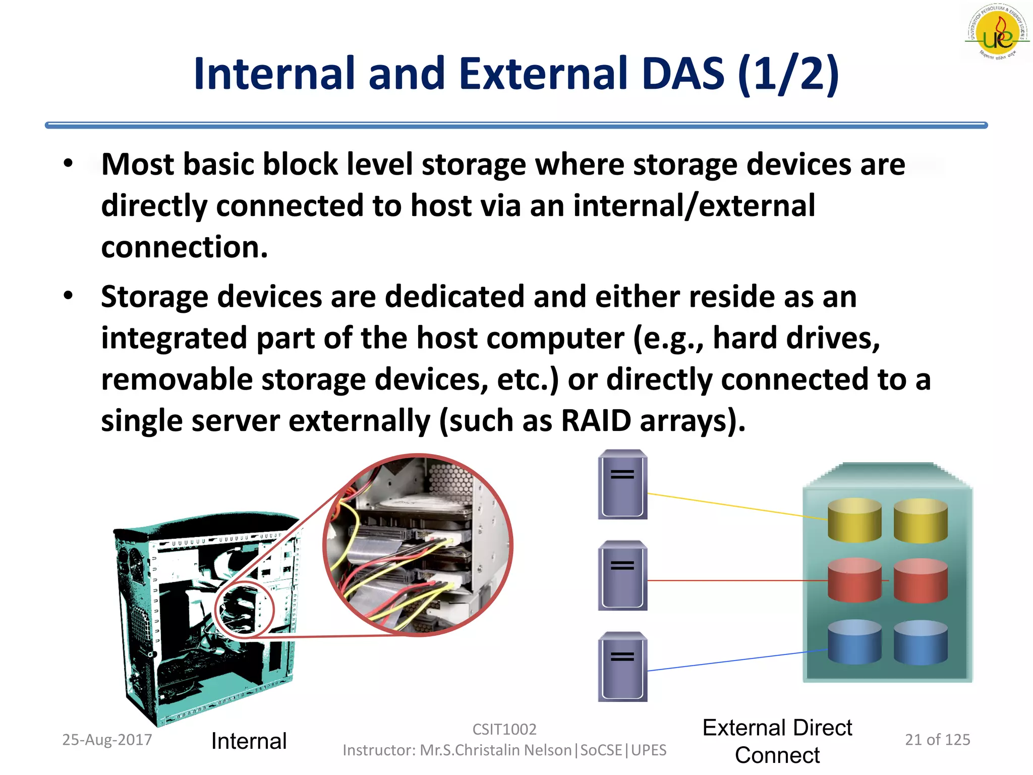 Internal and External DAS (1/2)
• Most basic block level storage where storage devices are
directly connected to host via an internal/external
connection.
• Storage devices are dedicated and either reside as an
integrated part of the host computer (e.g., hard drives,
removable storage devices, etc.) or directly connected to a
single server externally (such as RAID arrays).
25-Aug-2017
CSIT1002
Instructor: Mr.S.Christalin Nelson|SoCSE|UPESInternal
External Direct
Connect
21 of 125
 