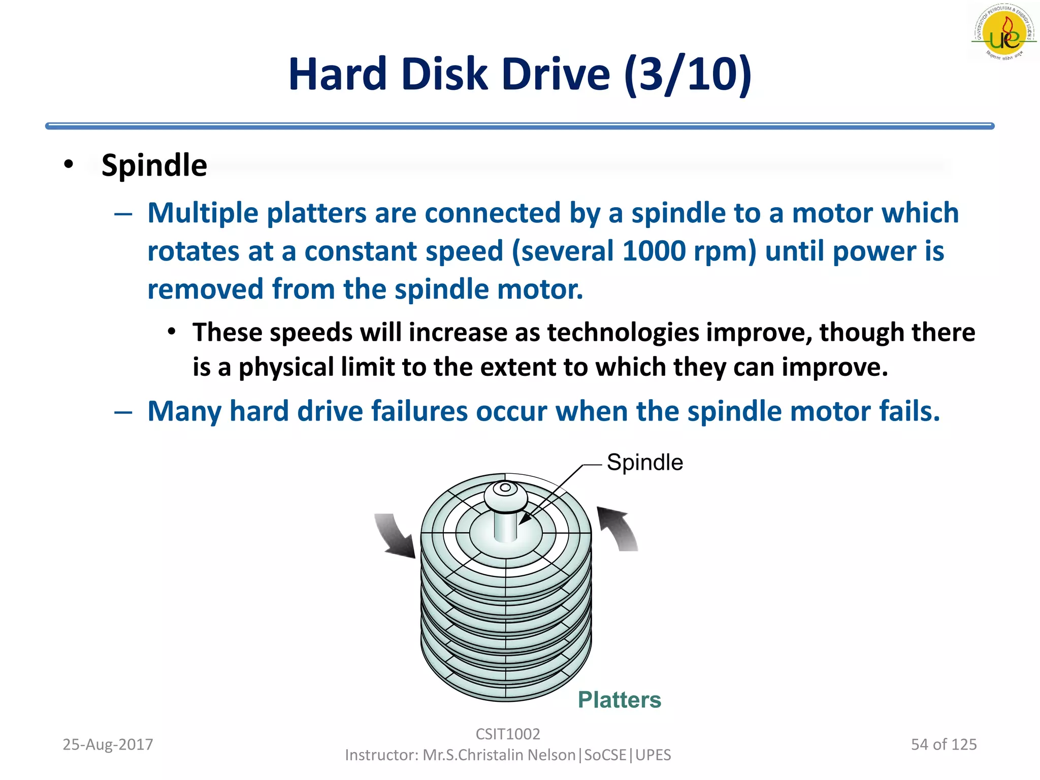 Hard Disk Drive (3/10)
• Spindle
– Multiple platters are connected by a spindle to a motor which
rotates at a constant speed (several 1000 rpm) until power is
removed from the spindle motor.
• These speeds will increase as technologies improve, though there
is a physical limit to the extent to which they can improve.
– Many hard drive failures occur when the spindle motor fails.
25-Aug-2017
CSIT1002
Instructor: Mr.S.Christalin Nelson|SoCSE|UPES
Spindle
Platters
54 of 125
 