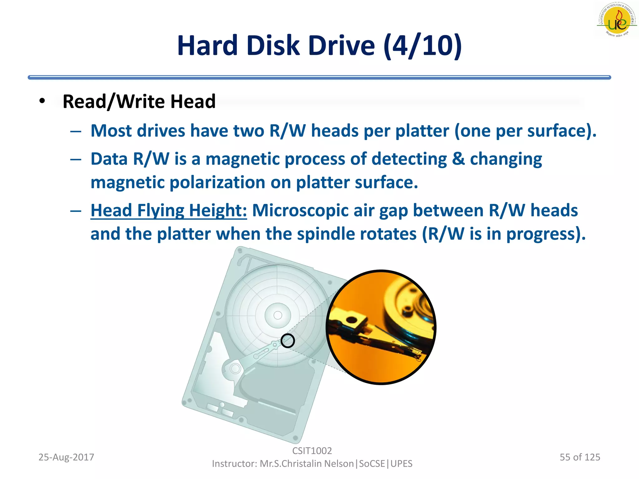 Hard Disk Drive (4/10)
• Read/Write Head
– Most drives have two R/W heads per platter (one per surface).
– Data R/W is a magnetic process of detecting & changing
magnetic polarization on platter surface.
– Head Flying Height: Microscopic air gap between R/W heads
and the platter when the spindle rotates (R/W is in progress).
25-Aug-2017
CSIT1002
Instructor: Mr.S.Christalin Nelson|SoCSE|UPES
55 of 125
 