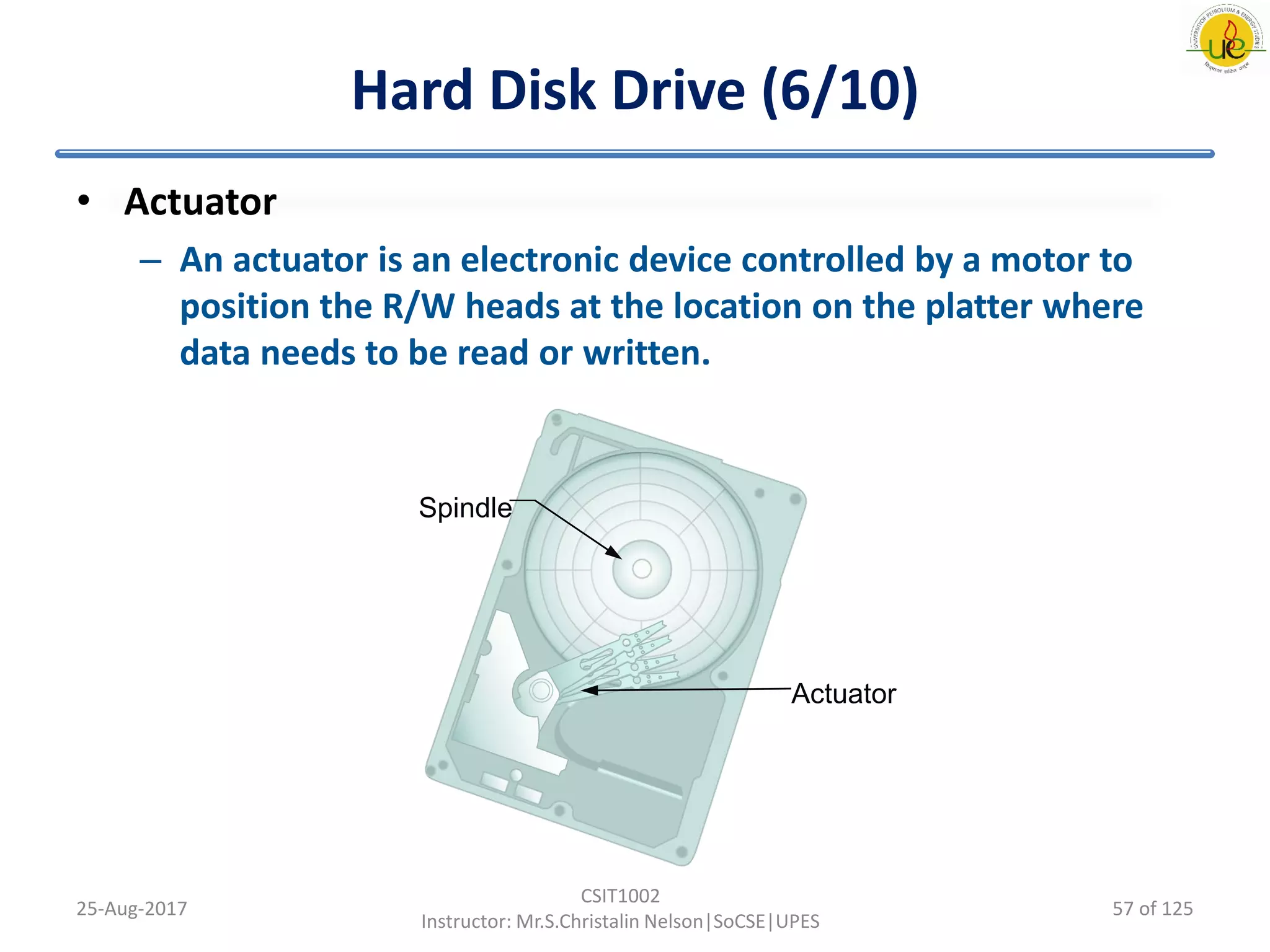 Hard Disk Drive (6/10)
• Actuator
– An actuator is an electronic device controlled by a motor to
position the R/W heads at the location on the platter where
data needs to be read or written.
25-Aug-2017
CSIT1002
Instructor: Mr.S.Christalin Nelson|SoCSE|UPES
Actuator
Spindle
57 of 125
 