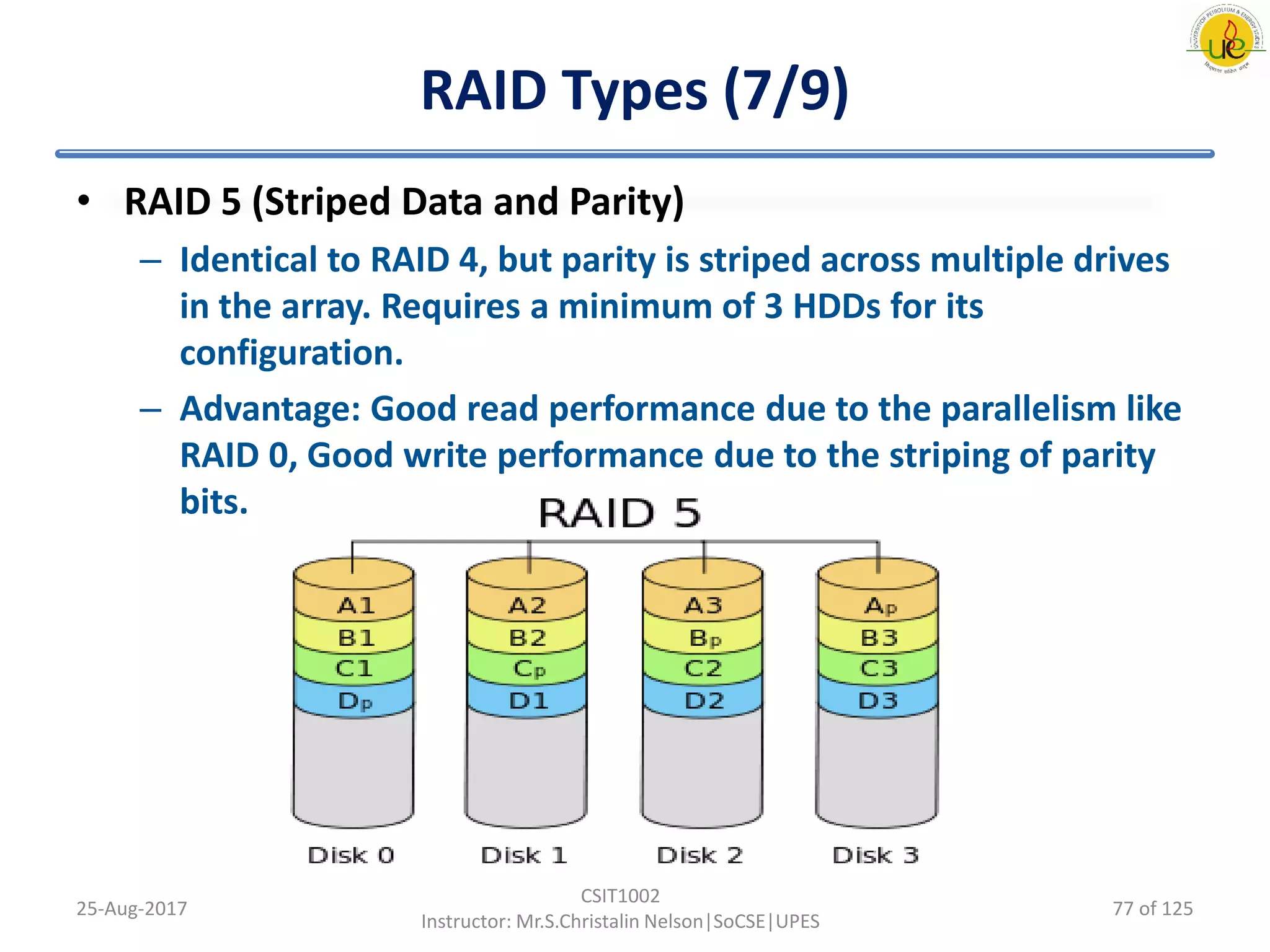 RAID Types (7/9)
• RAID 5 (Striped Data and Parity)
– Identical to RAID 4, but parity is striped across multiple drives
in the array. Requires a minimum of 3 HDDs for its
configuration.
– Advantage: Good read performance due to the parallelism like
RAID 0, Good write performance due to the striping of parity
bits.
25-Aug-2017
CSIT1002
Instructor: Mr.S.Christalin Nelson|SoCSE|UPES
77 of 125
 