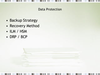 Data Protection Backup Strategy Recovery Method ILM / HSM  DRP / BCP 