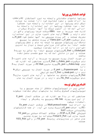 79
‫پورتها‬ ‫نامگذاري‬ ‫قواعد‬
‫استاندارد‬ ‫در‬ FC ‫اتصالشان‬ ‫نوع‬ ‫به‬ ‫وابسته‬ ‫متفاوتی‬ ‫نامهای‬ ‫پورتها‬
‫عبارت‬ ‫به‬ ‫هستند‬ ‫دارا‬ ‫خود‬ ‫فعاليت‬ ‫نحوه‬ ‫و‬ ‫مقصد‬ ‫ادوات‬ ‫به‬
‫ن‬ ‫ديگر‬‫عملکرد‬ ‫مود‬ ‫وابسته‬ ‫استاندارد‬ ‫اين‬ ‫در‬ ‫پورتها‬ ‫ام‬
‫به‬ ‫وابسته‬ ‫استاندارد‬ ‫اين‬ ‫در‬ ‫پورتها‬ ‫عملکرد‬ ‫مود‬ . ‫است‬
‫برقرار‬ ‫ارتباط‬ ‫آنها‬ ‫با‬ ‫لينک‬ ‫آنسوی‬ ‫در‬ ‫که‬ ‫است‬ ‫ادواتی‬
‫در‬ ‫واقع‬ ‫پورتهای‬ ‫فرضا‬ ‫ميکند‬ HBA ‫همه‬ ‫و‬ ‫سرورها‬ ‫همه‬ ‫کارت‬
‫اسناندارد‬ ‫اين‬ ‫در‬ ‫سازی‬ ‫ذخيره‬ ‫های‬ ‫آرايه‬ Node ‫و‬ ‫دارند‬ ‫نام‬
‫به‬ N_port ‫شود‬ ‫متصل‬ ‫آنها‬ ‫به‬ ‫سوييچی‬ ‫پورت‬ ‫اگر‬ ‫و‬ ‫هستند‬ ‫معروف‬
‫سوييچ‬ ‫به‬ ‫متعلق‬ ‫پورت‬ ‫آن‬ Fabric port ‫يا‬ F_port ‫ميگيرد‬ ‫.نام‬
‫پورتهای‬ ‫نقش‬ ‫و‬ ‫نام‬ ‫به‬ ‫توجه‬ ‫با‬ ‫سوييچ‬ ‫پورتهای‬ ‫نامگذاری‬
‫تدوين‬ ‫به‬ ‫نياز‬ ‫و‬ ‫نيست‬ ‫سرراستی‬ ‫کار‬ ‫ساکن‬ ‫به‬ ‫ابتدا‬ ‫مقصد‬
‫ميکنيد‬ ‫مشاهده‬ ‫ادامه‬ ‫در‬ ‫که‬ ‫دارد‬ ‫قواعدی‬ :
1-‫صورت‬ ‫به‬ ‫ساکن‬ ‫به‬ ‫ابتدا‬ ‫سوييچ‬ ‫پورتهای‬ G_Port ‫يا‬ Global port
‫نشده‬ ‫متصل‬ ‫مقصدی‬ ‫هيچ‬ ‫به‬ ‫که‬ ‫است‬ ‫حالتی‬ ‫در‬ ‫اين‬ ‫و‬ ‫هستند‬
‫باشند‬
2- ‫ذخيره‬ ‫های‬ ‫آرايه‬ ‫و‬ ‫سرورها‬ ‫به‬ ‫سوييچ‬ ‫پورت‬ ‫اتصال‬ ‫صورت‬ ‫در‬
‫شد‬ ‫اشاره‬ ‫که‬ ‫همانطور‬ ‫سازی‬ F_Port ‫يا‬ Fabric_port ‫ميگيرند‬ ‫نام‬
3-‫به‬ ‫اتصال‬ ‫صورت‬ ‫در‬ FC Hub ‫مذبور‬ ‫پورت‬ FL_port ‫يا‬ Fabric loop ‫نام‬
‫دارد‬
4-‫ديگر‬ ‫سوييچی‬ ‫به‬ ‫اتصال‬ ‫صورت‬ ‫در‬ E_port ‫يا‬ Expansion port ‫يا‬ ‫و‬
‫شرايطی‬ ‫تحت‬ T_Port ‫يا‬ trunk port ‫دارد‬ ‫نام‬
5-‫سازی‬ ‫ذخيره‬ ‫های‬ ‫آرايه‬ ‫و‬ ‫هاستها‬ ‫به‬ ‫متعلق‬ ‫پورتهای‬ N_Port
‫هاب‬ ‫به‬ ‫اتصال‬ ‫صورت‬ ‫در‬ ‫و‬ ‫دارند‬ ‫نام‬ NL_Port ‫ميگيرند‬ ‫.نام‬
‫توسعه‬ ‫پورتهاي‬ ‫اقسام‬
‫يا‬ ‫و‬ ‫سوييچ‬ ‫چند‬ ‫از‬ ‫متشکل‬ ‫توپولوژيهای‬ ‫در‬ ‫زير‬ ‫اسامی‬
‫ميشوند‬ ‫مشاهده‬ ‫ديگر‬ ‫سايتهای‬ ‫به‬ ‫يافته‬ ‫گسترش‬ ‫توپولوژيهای‬
E_port: ‫اتصال‬ ‫هنگام‬ ‫در‬ ‫شد‬ ‫اشاره‬ ‫هم‬ ‫باال‬ ‫در‬ ‫که‬ ‫همانطور‬
‫ايجاد‬ ‫و‬ ‫يکديگر‬ ‫به‬ ‫دوسوييچ‬ ISL link ‫پورت‬ ‫نوع‬ ‫اين‬ ‫از‬
‫ميشود‬ ‫.استفاده‬
Ex_port: ‫در‬‫اتصال‬ ‫هنگام‬ Multi protocol router ‫لبه‬ ‫ادوات‬ ‫به‬
‫قابليتهای‬ ‫همه‬ ‫از‬ .‫آيد‬ ‫می‬ ‫پديد‬ ‫فابريک‬ E_port ‫اضافه‬ ‫به‬ FC-
NAT ‫ميکند‬ ‫پشتيبانی‬
VE_port:‫بر‬ ‫مبتنی‬ ‫اتصاالت‬ ‫هنگام‬ ‫در‬ FCIP ‫يک‬ E_Port ‫فيزيکی‬
‫چندين‬ ‫صورت‬ ‫به‬ ‫ميتواند‬ Virtual E_Port ‫شود‬ ‫سازی‬ ‫.شبيه‬
VEX_Port: ‫واقع‬ ‫در‬ VE_port ‫روتينگ‬ ‫سناريوهای‬ ‫در‬ ‫حاضر‬ ‫های‬
‫هستند‬
 