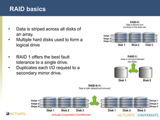 Actuate Corporation Confidential
© Actuate Corporation 2004
RAID basics
• Data is striped across all disks of
an array.
• Multiple hard disks used to form a
logical drive
• RAID 1 offers the best fault
tolerance to a single drive.
• Duplicates each I/O request to a
secondary mirror drive.
 