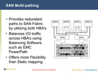Actuate Corporation Confidential
© Actuate Corporation 2004
SAN Multi-pathing
• Provides redundant
paths to SAN Fabric
by utilizing both HBA’s
• Balances I/O traffic
across HBA’s using
Balancing Software
such as EMC
PowerPath
• Offers more Flexibility
than Static mapping
 