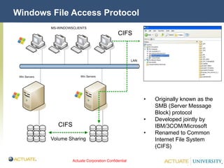 Actuate Corporation Confidential
© Actuate Corporation 2004
Windows File Access Protocol
Win Servers
MS-WINDOWSCLIENTS
LAN
Win Servers
CIFS
Volume Sharing
CIFS
• Originally known as the
SMB (Server Message
Block) protocol
• Developed jointly by
IBM/3COM/Microsoft
• Renamed to Common
Internet File System
(CIFS)
 