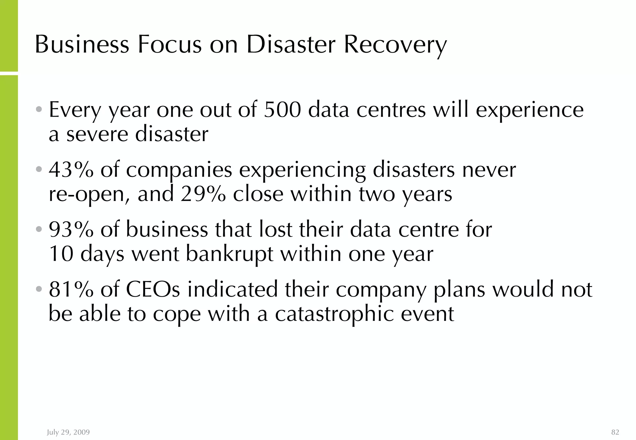 Business Focus on Disaster Recovery Every year one out of 500 data centres will experience a severe disaster 43% of companies experiencing disasters never  re-open, and 29% close within two years 93% of business that lost their data centre for  10 days went bankrupt within one year 81% of CEOs indicated their company plans would not be able to cope with a catastrophic event 