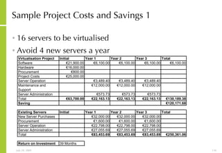 Sample Project Costs and Savings 1 16 servers to be virtualised Avoid 4 new servers a year 