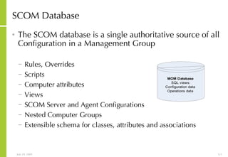 SCOM Database The SCOM database is a single authoritative source of all Configuration in a Management Group Rules, Overrides Scripts Computer attributes Views SCOM Server and Agent Configurations Nested Computer Groups Extensible schema for classes, attributes and associations 
