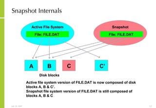 Snapshot   Internals Active file system version of FILE.DAT is now composed of disk blocks A, B & C’. Snapshot file system version of FILE.DAT is still composed of blocks A, B & C C’ Snapshot File: FILE.DAT A B C Active File System File: FILE.DAT Disk blocks 