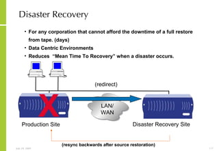 Disaster Recovery LAN/WAN For any corporation that cannot afford the downtime of a full restore from tape. (days) Data Centric Environments Reduces  “Mean Time To Recovery” when a disaster occurs. Production Site Disaster Recovery Site (redirect) (resync backwards after source restoration) X 