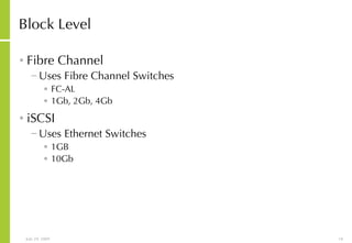 Block Level Fibre Channel Uses Fibre Channel Switches FC-AL 1Gb, 2Gb, 4Gb iSCSI Uses Ethernet Switches 1GB 10Gb 