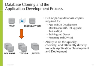 Database Cloning and the  Application Development Process Full or partial database copies required for: App and DB Development Maintenance (OS, DB upgrade) Test and QA Training and Demos Reporting and DW ETL Ability to do this quickly, correctly, and efficiently directly impacts Application Development and Deployment PROD SECONDARY (DR) DEV MAINT TEST/QA RPT/ETL 