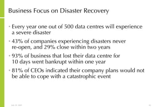 Business Focus on Disaster Recovery Every year one out of 500 data centres will experience a severe disaster 43% of companies experiencing disasters never  re-open, and 29% close within two years 93% of business that lost their data centre for  10 days went bankrupt within one year 81% of CEOs indicated their company plans would not be able to cope with a catastrophic event 