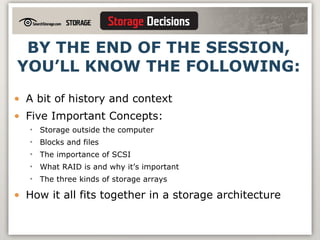 BY THE END OF THE SESSION, YOU’LL KNOW THE FOLLOWING: A bit of history and context Five Important Concepts: Storage outside the computer Blocks and files The importance of SCSI What RAID is and why it’s important The three kinds of storage arrays How it all fits together in a storage architecture 