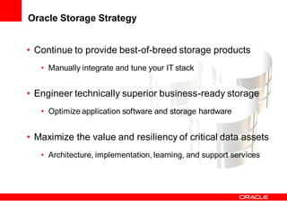 Oracle Storage Strategy


• Continue to provide best-of-breed storage products
   • Manually integrate and tune your IT stack


• Engineer technically superior business-ready storage
   • Optimize application software and storage hardware


• Maximize the value and resiliency of critical data assets
   • Architecture, implementation, learning, and support services
 